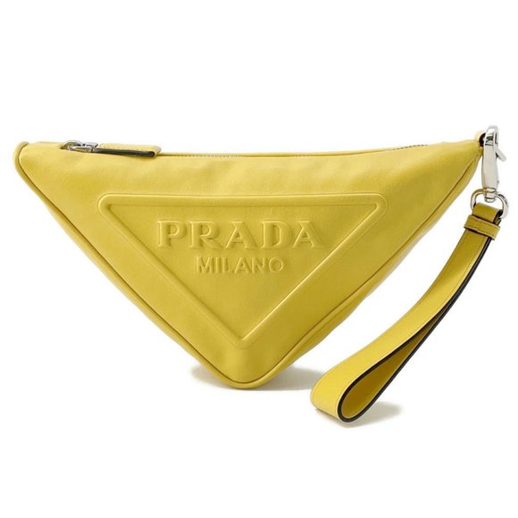 PRADA Yellow Leather Triangle Clutch Bag - Picture 1 of 13